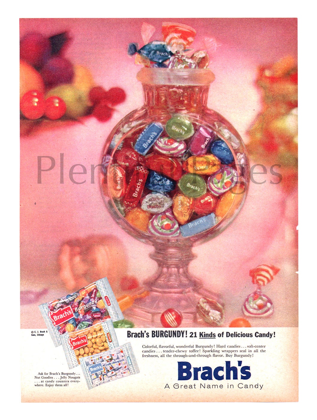 1950's Brach's Candy Vintage Ad, Advertising Art, Candy Jar, Retro Candy,  Brach's Burgundy Candy, Hard Candy, Great for Framing or Collage. 