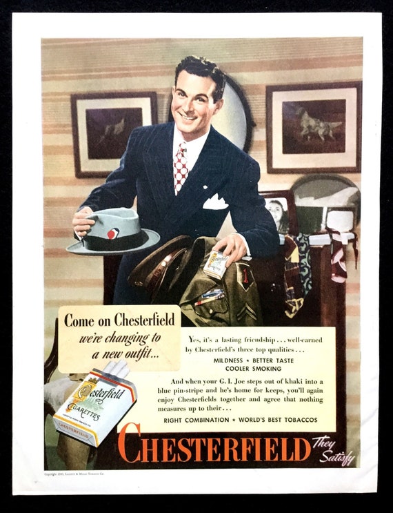 cigarette yes it is 1945 Chesterfield Cigarettes Ad, WWII Era Magazine Print