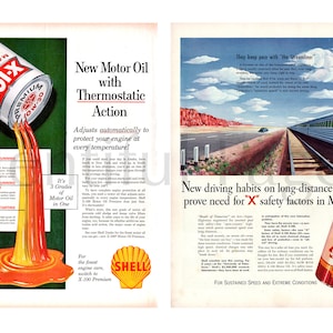 1957 & 1941 Shell Motor Oil Vintage Ads, Set of Two, Advertising Art, X-100 Motor Oil, Magazine Ad, Geweldig om in te lijsten.