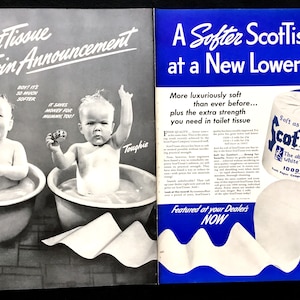 May include: A vintage advertisement for ScotTissue toilet paper featuring two babies in bathtubs and a roll of ScotTissue with the text "A Softer ScotTissue... at a New Lower Price". The ad highlights the softness and strength of the toilet paper.
