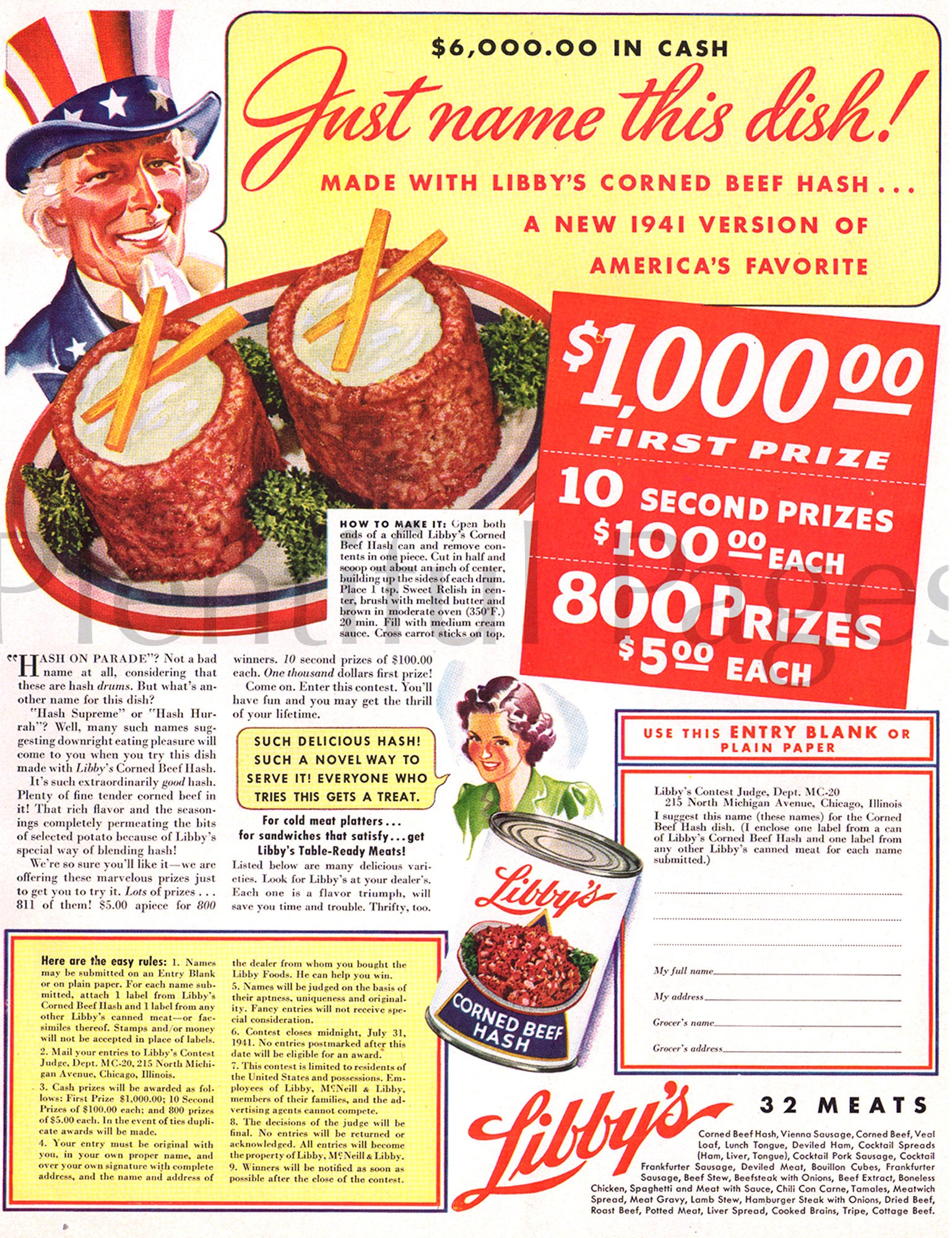 1941 Libby's Corned Beef Hash Vintage Ad, Advertising Art