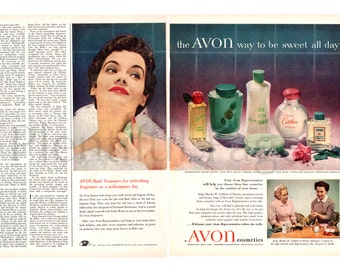 Anuncio Vintage de 1954 Avon, 1950 belleza, belleza Retro, ama de casa 1950, baño de burbujas, Perfume de los años 60, señora de Avon, arte publicitario, cotillón.