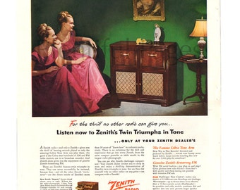 1948 Zenith Radio Vintage Ad, 1940's Decor, Vintage Radio, 1940's Fashion, Retro Radio, Twins, 1940's Living Room, Great for Framing.