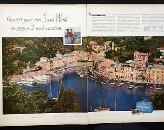 1957 Pan American Airlines Vintage Magazine Ad, Advertising Art, 1950's Travel Ad.