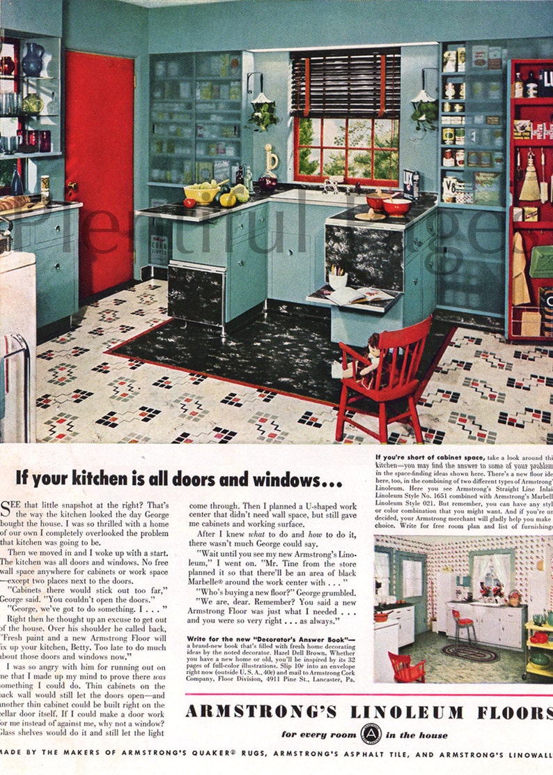 1949 Armstrong's Linoleum Floors Vintage Ad, 1940's Decor, Retro Decor, 1940's Kitchen, Advertising Art, Retro Kitchen, Great for Framing. imagen 2