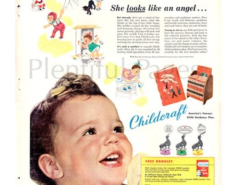 May include: Vintage advertisement featuring a smiling baby girl with illustrations of children playing. The ad promotes "Childcraft" with text and images of books and a free booklet offer. The color palette includes soft pastels and a retro aesthetic.