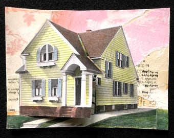 Original Collage Art, "Welcome Home", Whimsical, Handmade, Unframed Paper Collage.