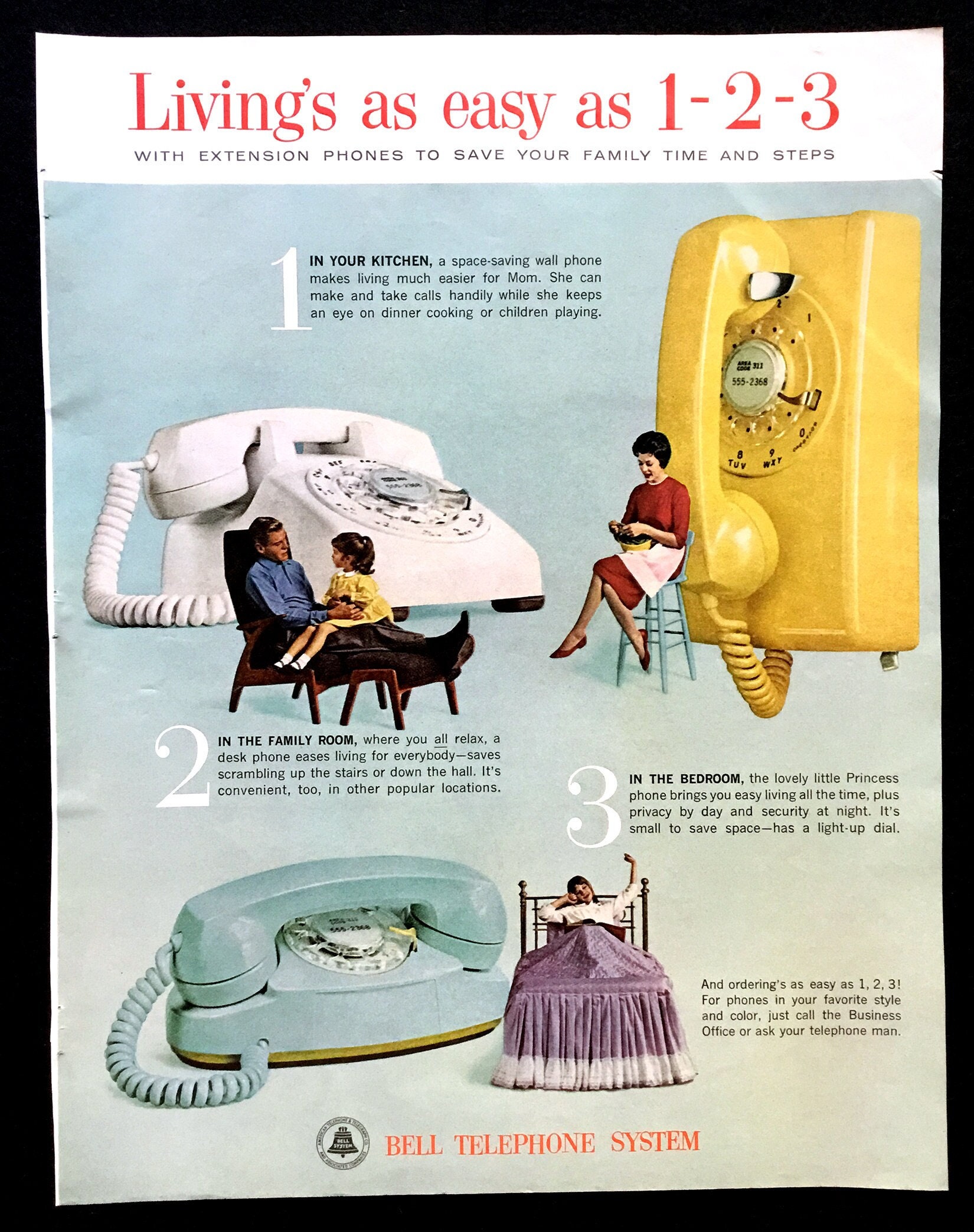 ヴィンテージ広告 Bell Telephone 女の子 レトロ 額入 1963 Bell Telephone Ad, Princess Phone, Retro Advertising Art - Etsy