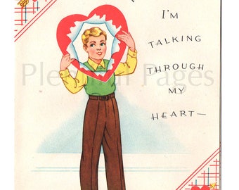 1940's Vintage Valentine's Day Greeting Card, Retro Valentine, Vintage Illustration, Vintage Greeting Card, 1940's Boy, Great for Framing.