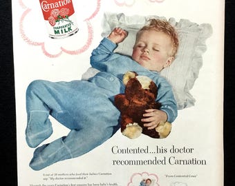 1954 Carnation Milk Ad, Vintage Baby Food Advertising Art.