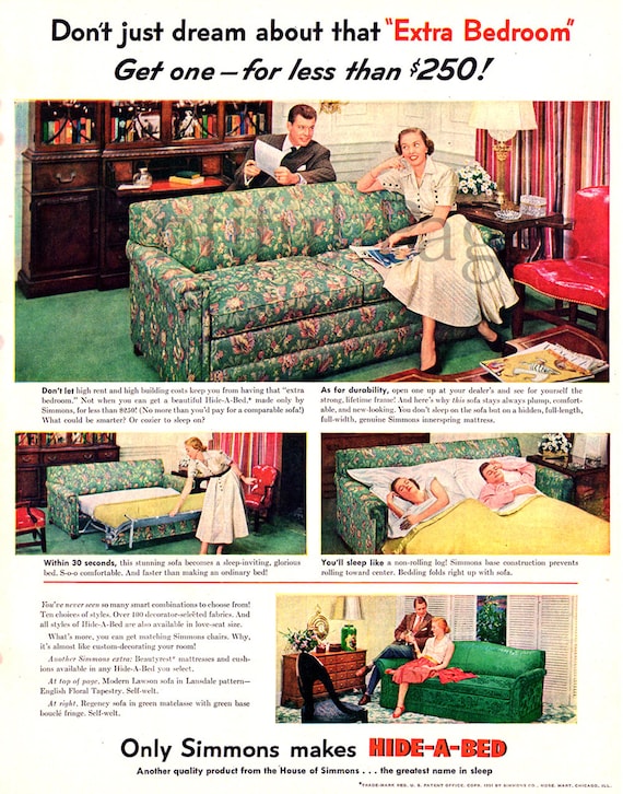 1951 Simmons Hide-a-bed Vintage Ad 1950\'s Decor - Etsy Sweden