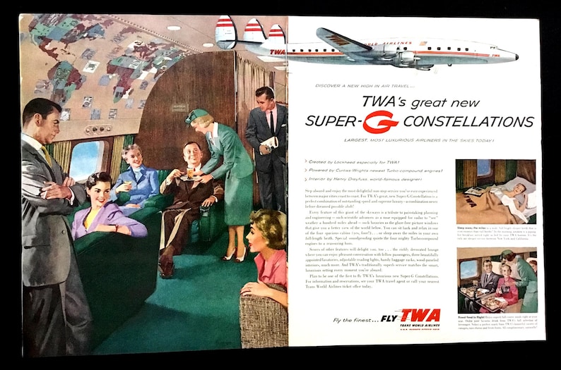 1955 TWA Vintage Ad, Advertising Art, Airplane, Magazine Ad, 1950's ...