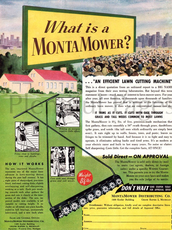 Early 1940's MontaMower Vintage Ad, 1940's Gardening, Retro Lawn Mower, Advertising Art, Vintage Illustration, 1940's Grass Cutting.