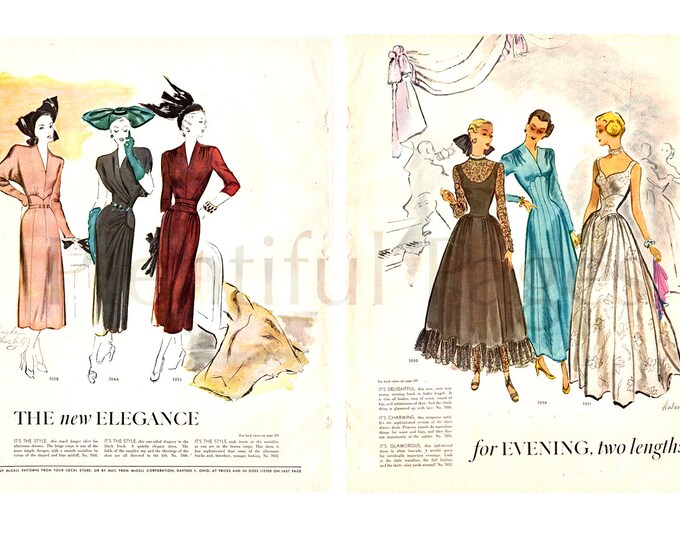 1940's Mccall's Sewingpatterns Two Page Vintage Ad, 1940's Fashion, Retro Fashion, '40's Evening