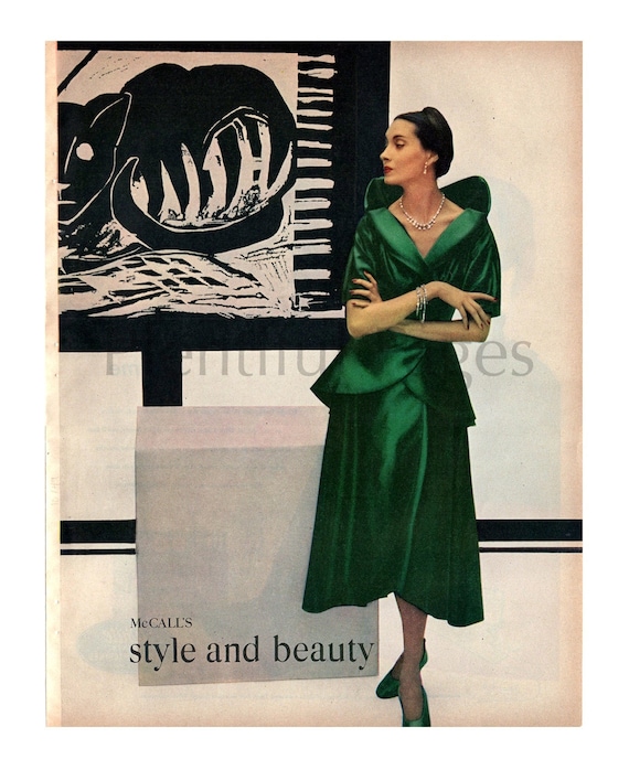 1949 McCall's Magazine Fashion Ad, Retro Emerald Green Dress