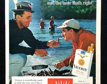 Anuncio de revista vintage de cigarrillos Viceroy de 1964, pesca, arte publicitario.