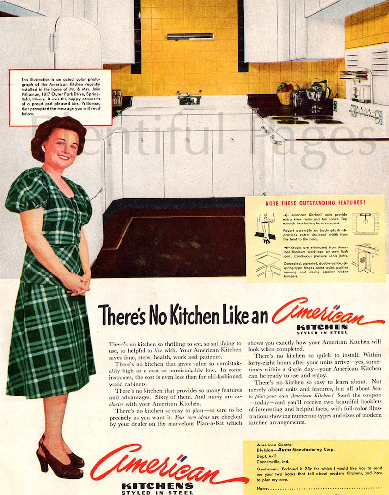 1940/'s Fashion 1947 American Kitchens Vintage Ad Advertising Art 1940/'s Housewife Retro Kitchen Retro Decor. 1940/'s Kitchen