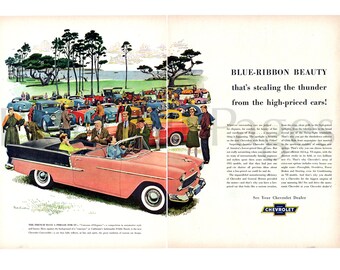 1955 Chevrolet Convertible Vintage Ad, Advertising Art, Magazine Ad, Chevy Bel Air, &quot;Concours d&#39;Elegance&quot; Pebble Beach, Great to Frame.