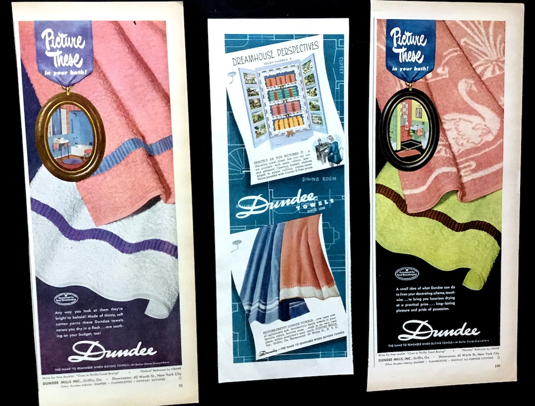 1950's Dundee Towels Vintage Ads, Set of Three, Advertising Art