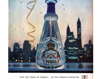 1957 Smirnoff Vodka Ad, Pinnacle Decanter, Vintage Magazine Advertisement