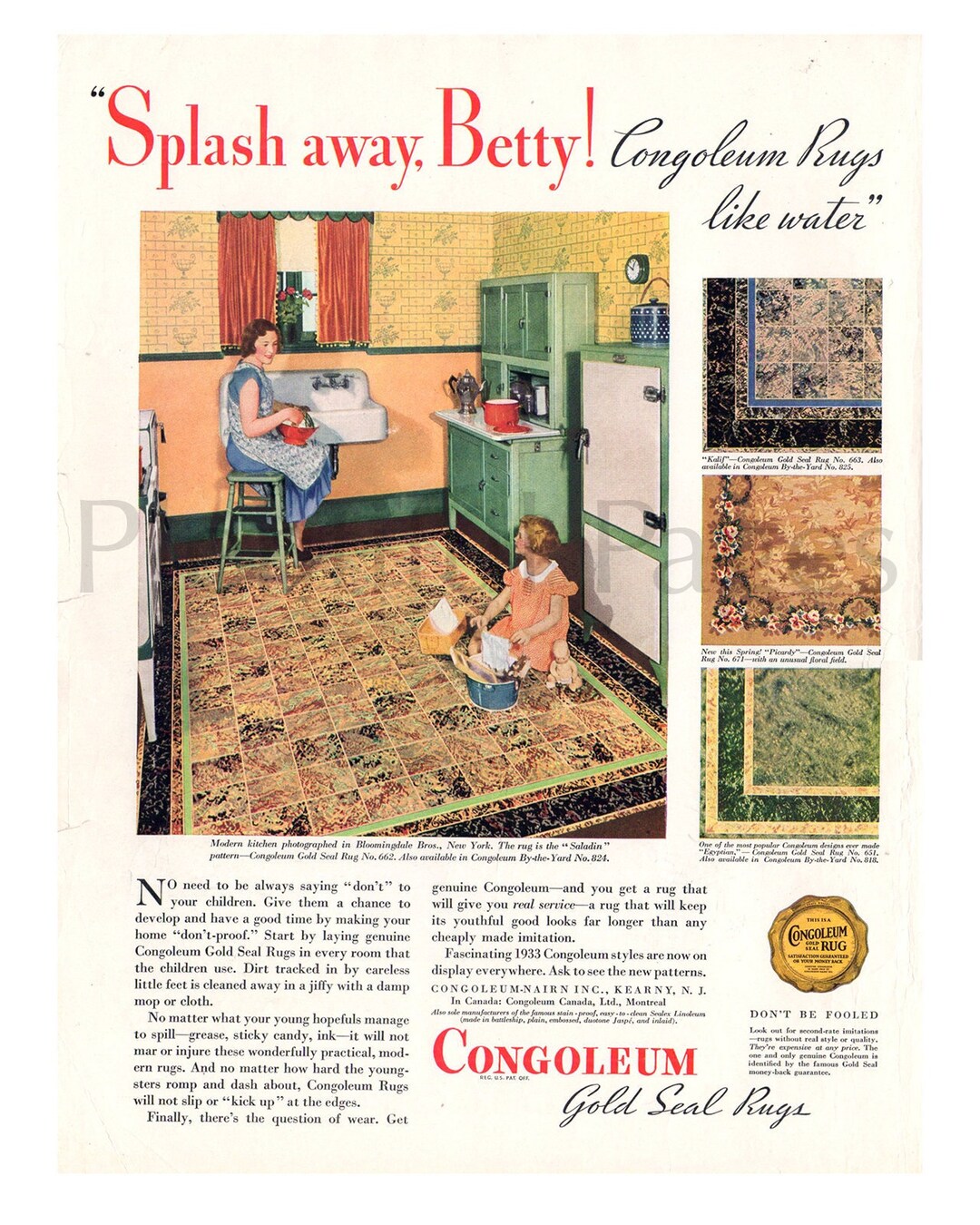 1933 Congoleum Gold Seal Rugs Vintage Ad, 1930's Kitchen, Advertising