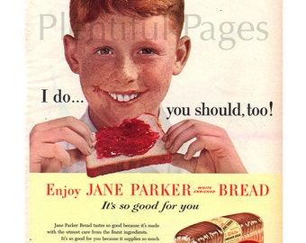 1956 A&P Jane Parker Bread Vintage Ad, 1950's Boy, Jelly Sandwich, 1950's Fashion, Retro Lunch, Advertising Art, Great for Framing, Retro Ad