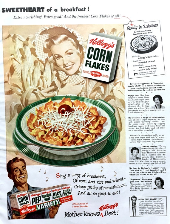 Kellogg's Corn Flakes ヴィンテージ広告　額装 1950年ケロッグのコーンフレーク広告、ヴィンテージ雑誌プリント