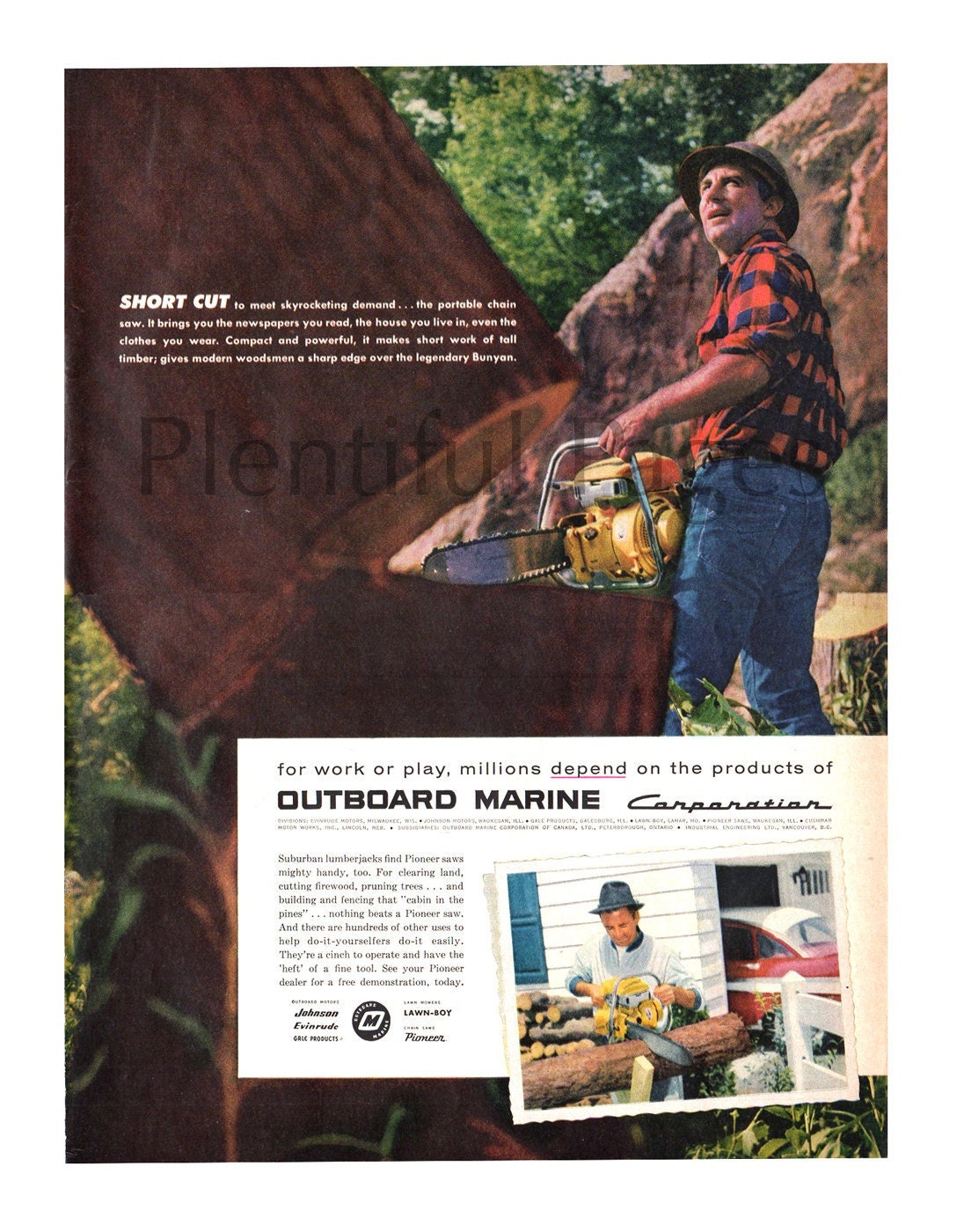 1957 Outboard Marine Vintage Ad, Portable Chainsaw, 1950's