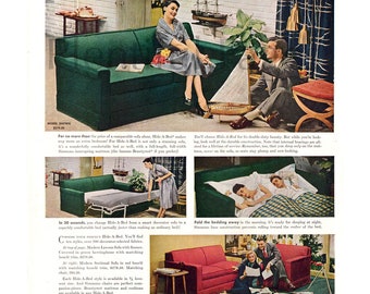1950 Simmons Hide-A-Bed Vintage Ad, 1950's Decor, Advertising Art, Magazine Ad, 1950's Couch, Great for Framing.