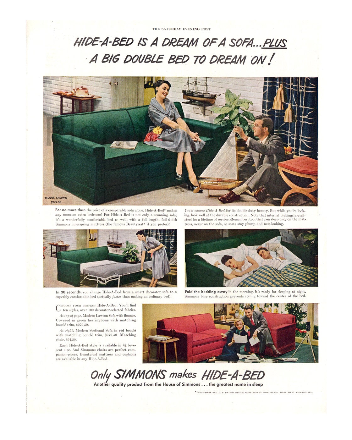 1950 Simmons Hide-a-bed Vintage Ad 1950\'s Decor - Etsy Ireland