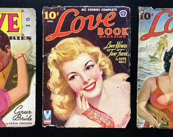 1940's Vintage Love Book Magazine Covers, Advertising Art, 1940's Couples, Love Stories, Print Ad, Great to Frame.