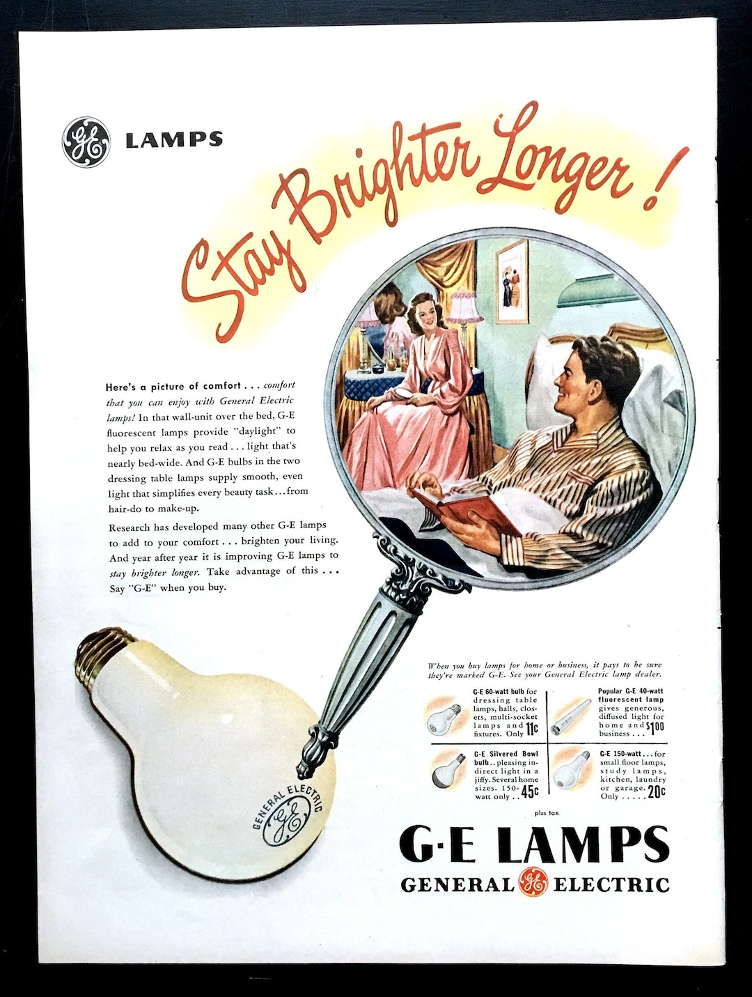 1947 G.E. Lamps Vintage Ad, Light Bulbs, Advertising Art, Magazine