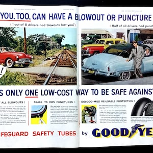 1952 Goodyear Tires Vintage Ad, Advertising Art, Magazine Ad, 1950&#39;s Travel, Print Ad, Advertisement, Great to Frame.