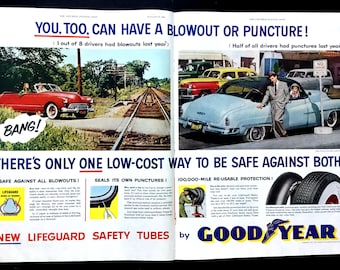 Anúncio vintage de pneus Goodyear de 1952, impresso automotivo.