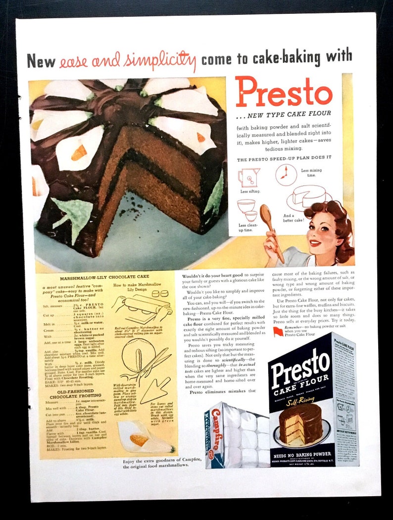 1942 Presto Cake Flour Vintage Ad, Advertising Art, Magazine Ad, Chocolate Cake, Print Ad, Advertisement, Great to Frame. image 1