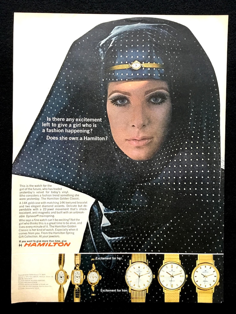 1960s Hamilton Watch Ad, Vintage Magazine Print, Fashion Illustration ...