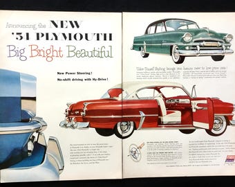 1954 Plymouth Vintage Magazine Ad, Advertising Art, Retro Car Ad.