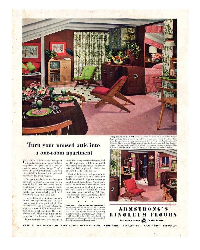 1940's Armstrong's Linoleum Floors Vintage Ad, 1940's Decor, Advertising Art, Magazine Ad, 1940's Attic Apartment, Great to Frame. image 1