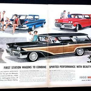 1958 Mercury Station Wagon Vintage Ad, Advertising Art, Magazine Ad, Print Ad, Advertisement, Great to Frame.
