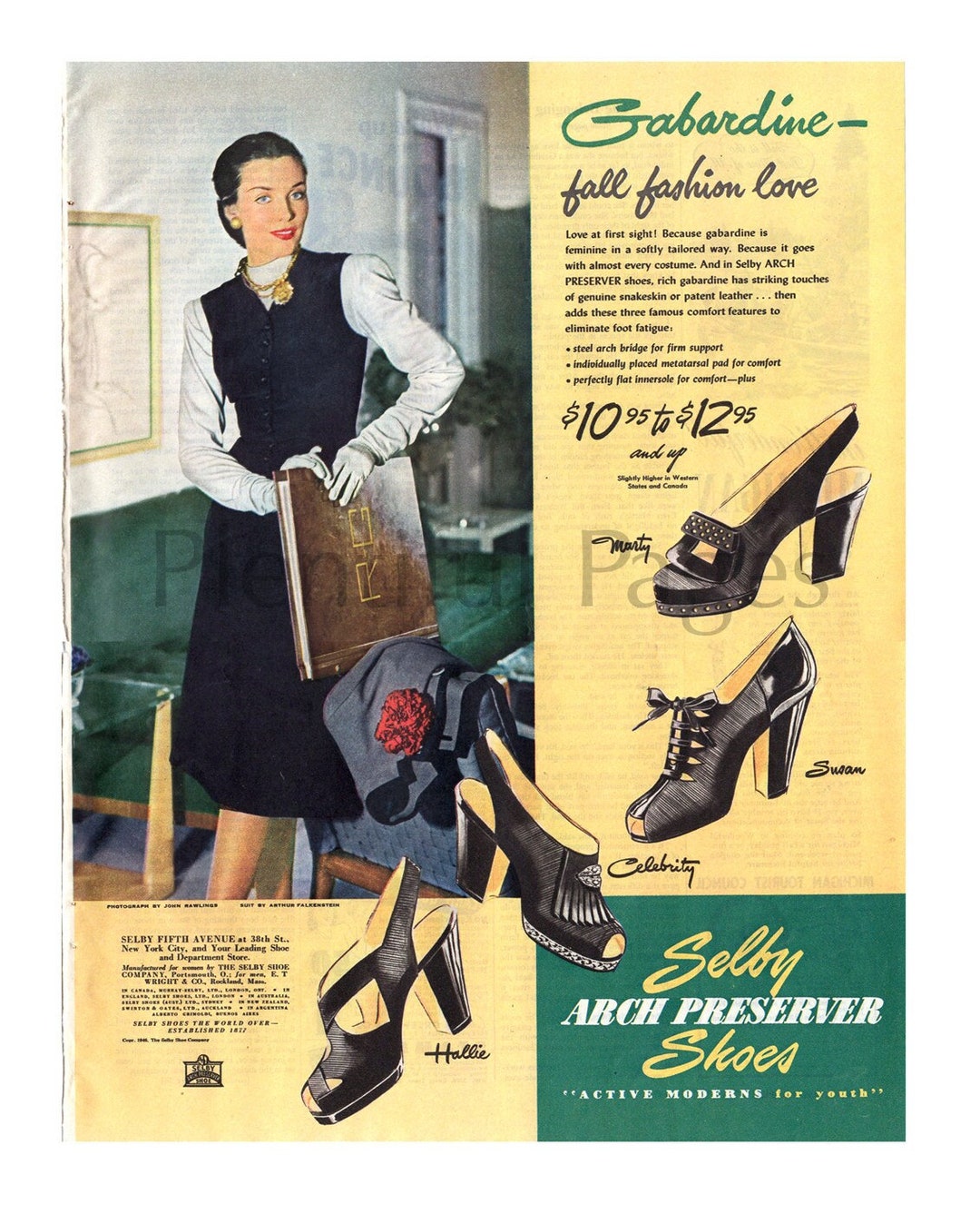Anúncio vintage de sapatos Selby de 1946, moda dos anos 40
