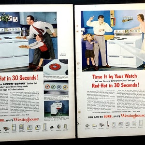 1950&#39;s Westinghouse Vintage Ads, Set of Two, 1950&#39;s Kitchen, Advertising Art, Print Ad, Electric Range, Great to Frame.