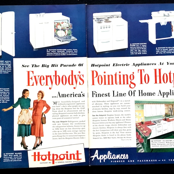 1948 Hotpoint Appliances Vintage Ad, Advertising Art, Magazine Ad, 1940's Kitchen, Retro Ad, Great to Frame.