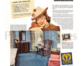 May include: A woman in a hat smiles while looking at a blue and red striped armchair. The armchair is in a room with a blue carpet and a pink armchair. The text "BIGELOW WEAVERS" is on a yellow label with a red snake design. The text "START at the floor with BIGELOW BEAUVAIS BROADLOOM" is at the top of the image.