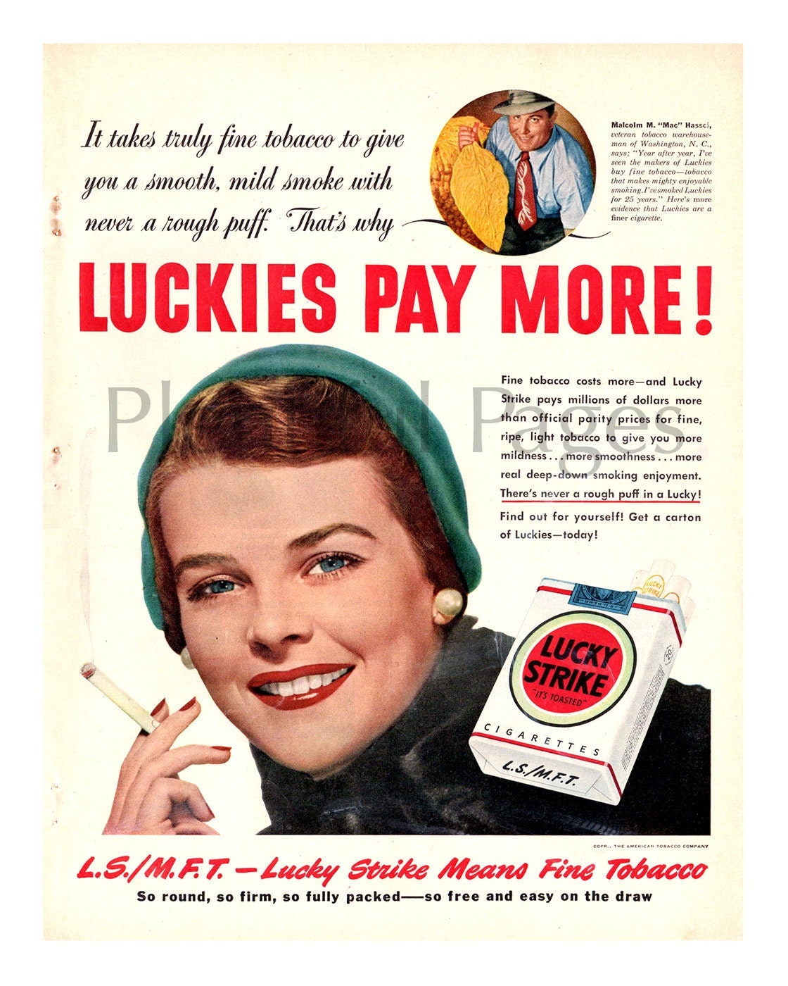 1950 Lucky Strike Cigarettes vintage Ad, Publicité, Magazine Ad,  Cigarettes, 1950's Fashion, Smoking, Great for Framing.