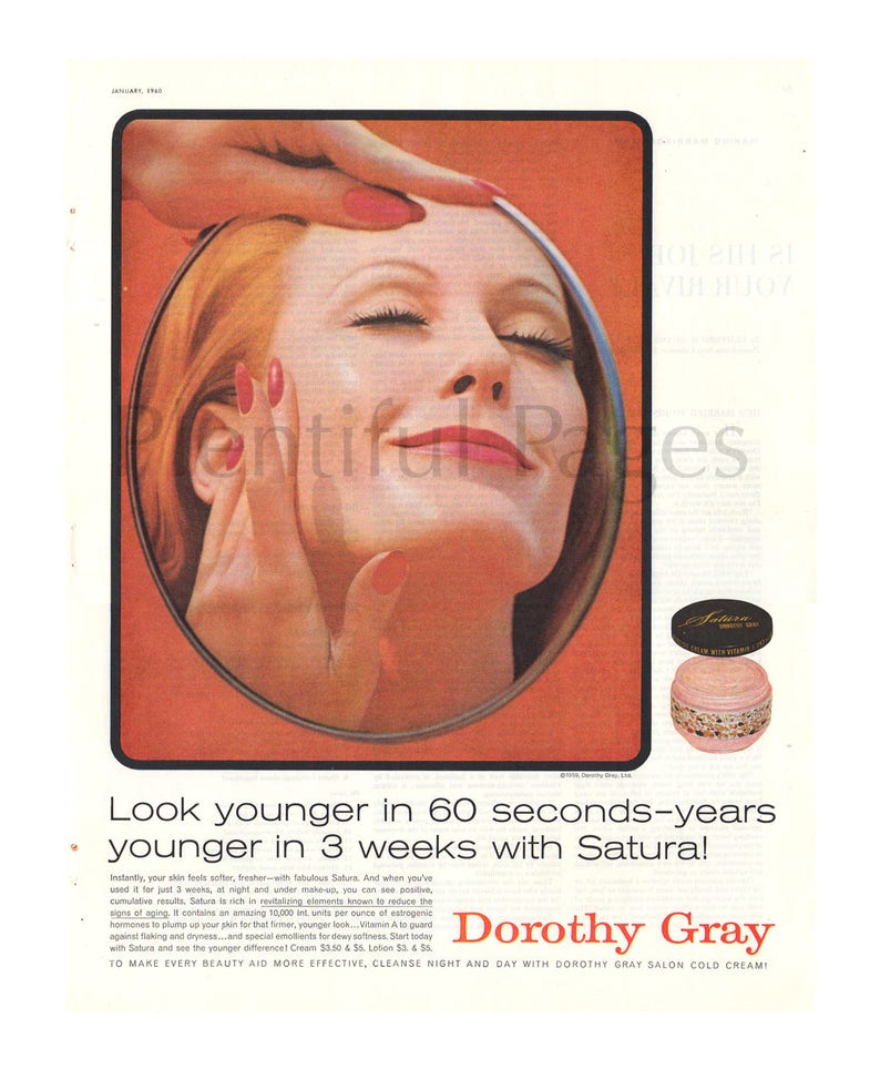 1960/'s Beauty Retro Beauty Cream Advertising Art 1960/'s Fashion 1960 Dorothy Gray Vintage Ad Retro Beauty Satura Great for Framing.