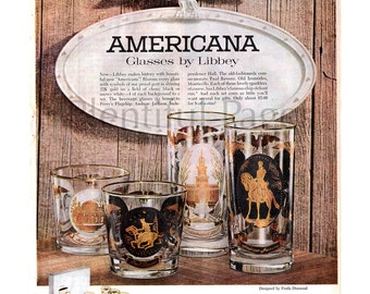 1960 Libbey verrerie Ad Vintage, années 1960 Decor, Americana tendance, lunettes Vintage, rétro verrerie, Paul Revere, Monticello, verre de boisson