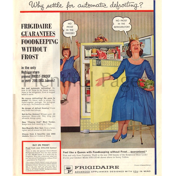 1960 Frigidaire Refrigerator Vintage Ad, Advertising Art, 1960's Kitchen, Magazine Ad, Print Ad, Great to Frame.
