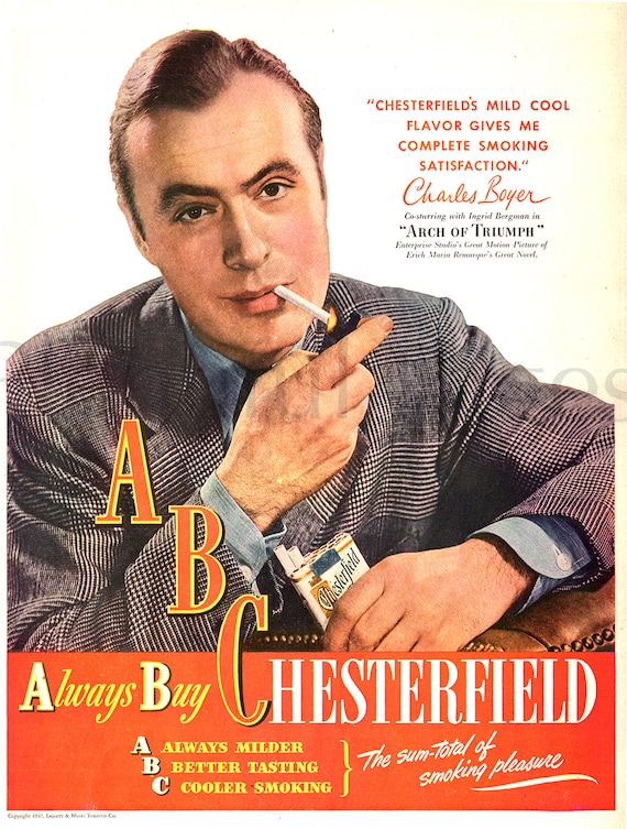 chesterfield cigarettes flavours 1947 Chesterfield Cigarette Ad, Charles Boyer, Vintage Magazine Print