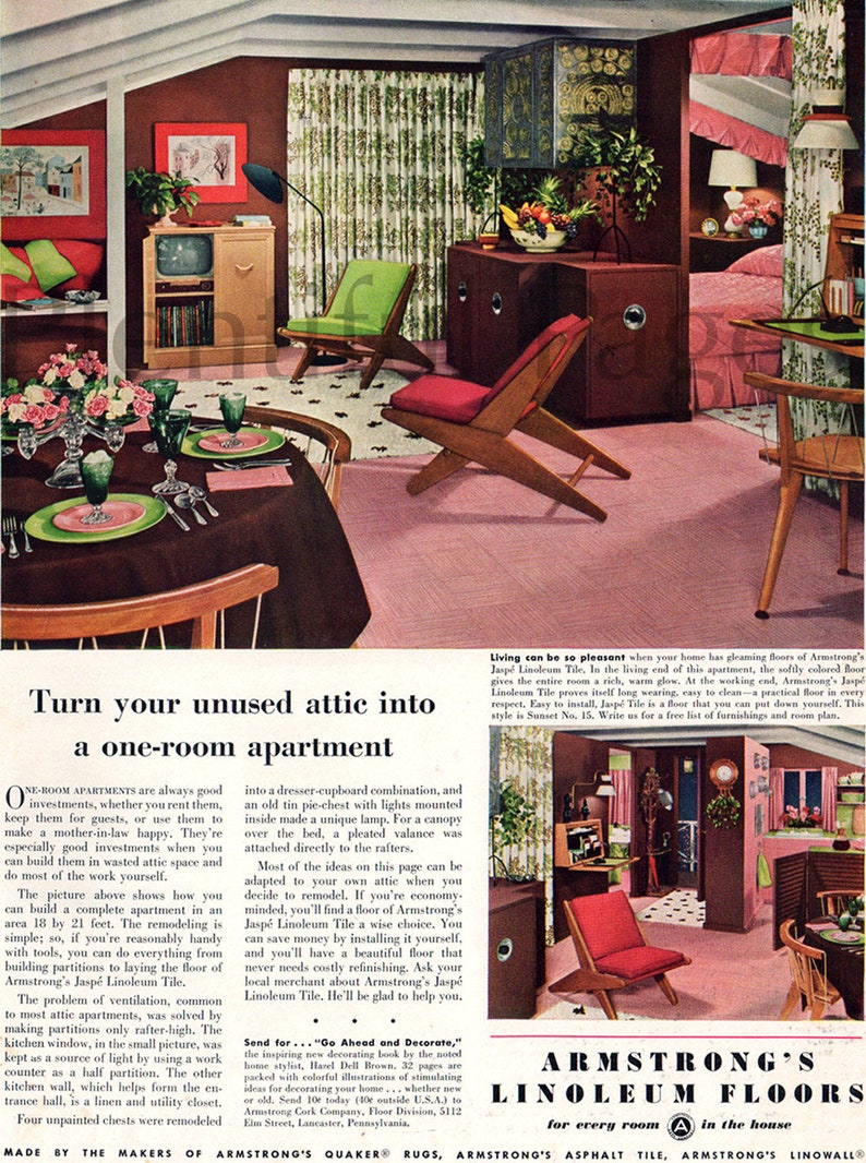 1940's Armstrong's Linoleum Floors Vintage Ad, 1940's Decor, Advertising Art, Magazine Ad, 1940's Attic Apartment, Great to Frame. image 2