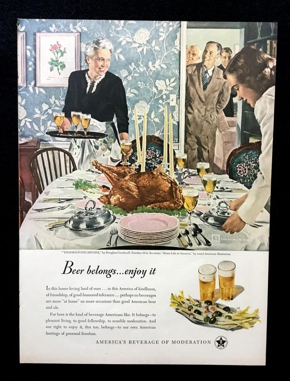 1950 "Beer Belongs" Vintage Magazine Ad, Advertising Art, Thanksgiving.